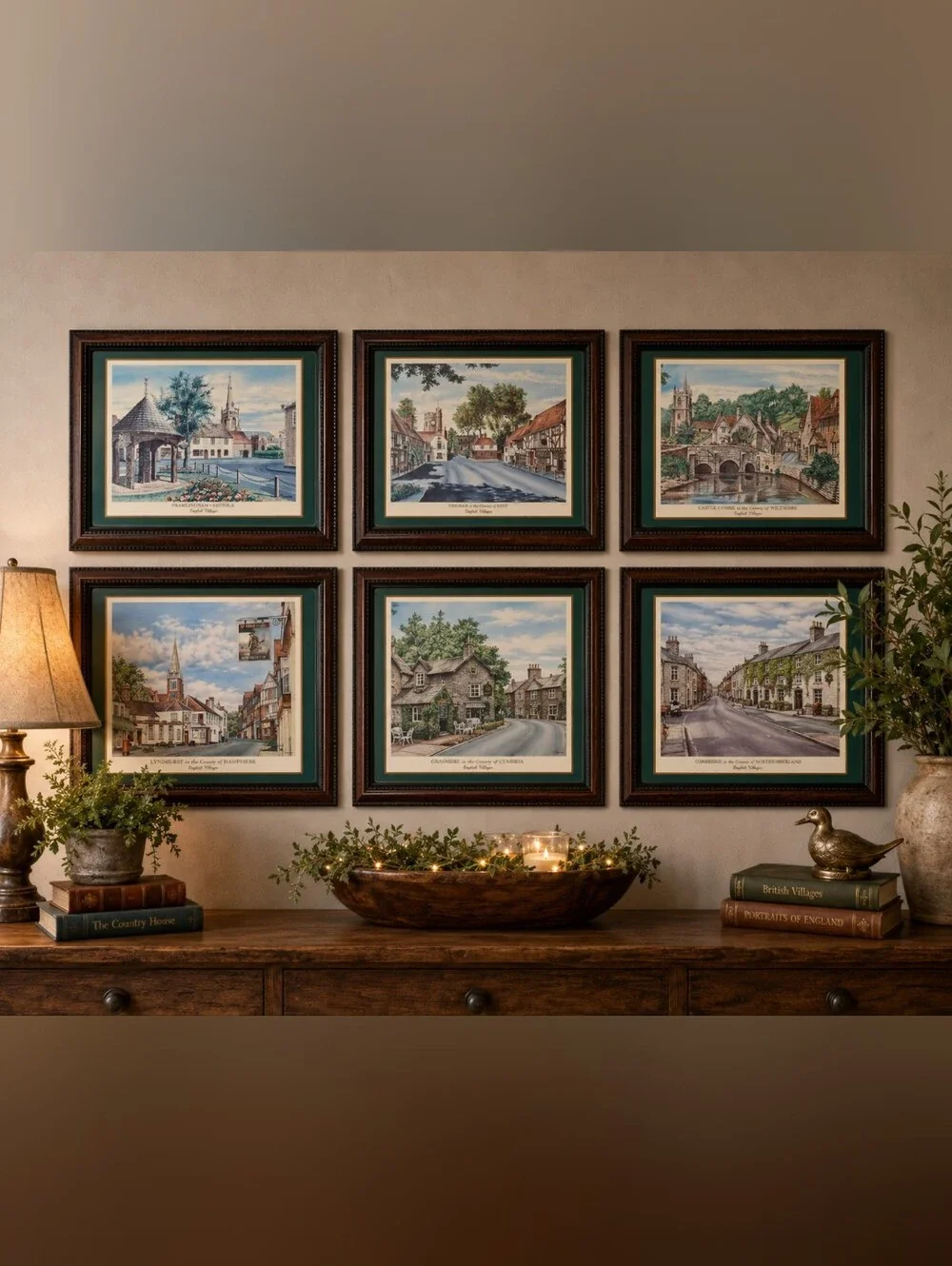 Set of Six Framed English Villages Prints in Brown Frames with Green Mats